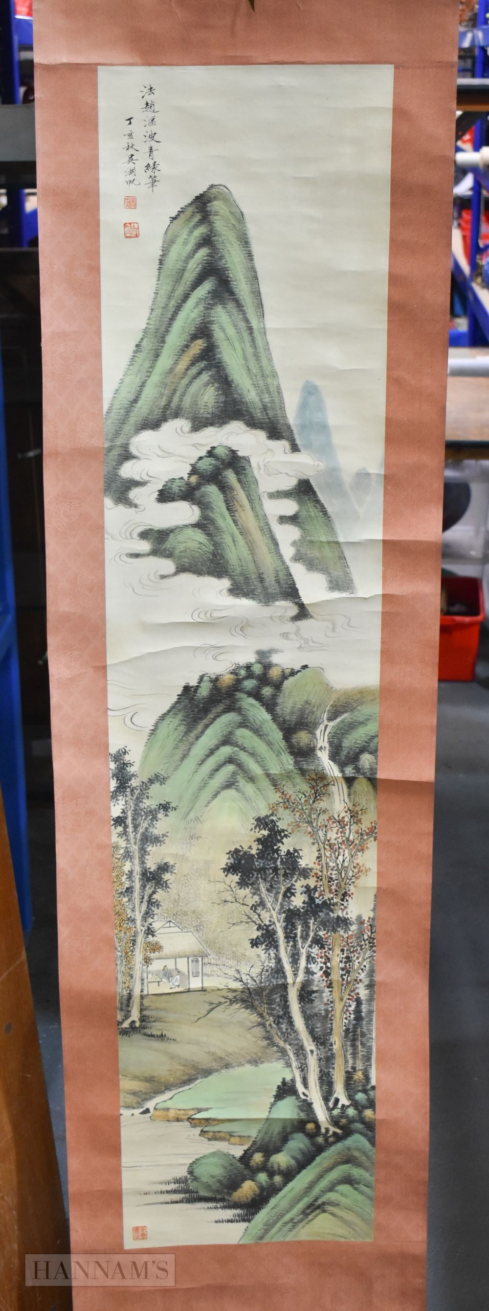 Chinese School (Late Qing/Republic) Watercolour scroll, landscape. 220 cm x 38 cm.: Chinese School (Late Qing/Republic) Watercolour scroll, landscape. 220 cm x 38 cm.
