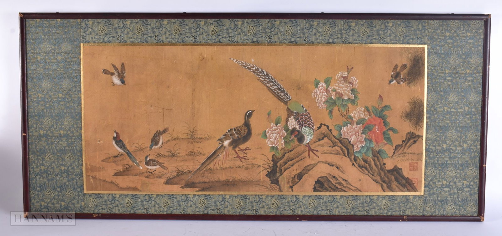 Chinese School (19th Century) Painted silk panel, Game birds in a landscape. 92 cm x 42 cm, image 68: Chinese School (19th Century) Painted silk panel, Game birds in a landscape. 92 cm x 42 cm, image 68 cm x 28cm.