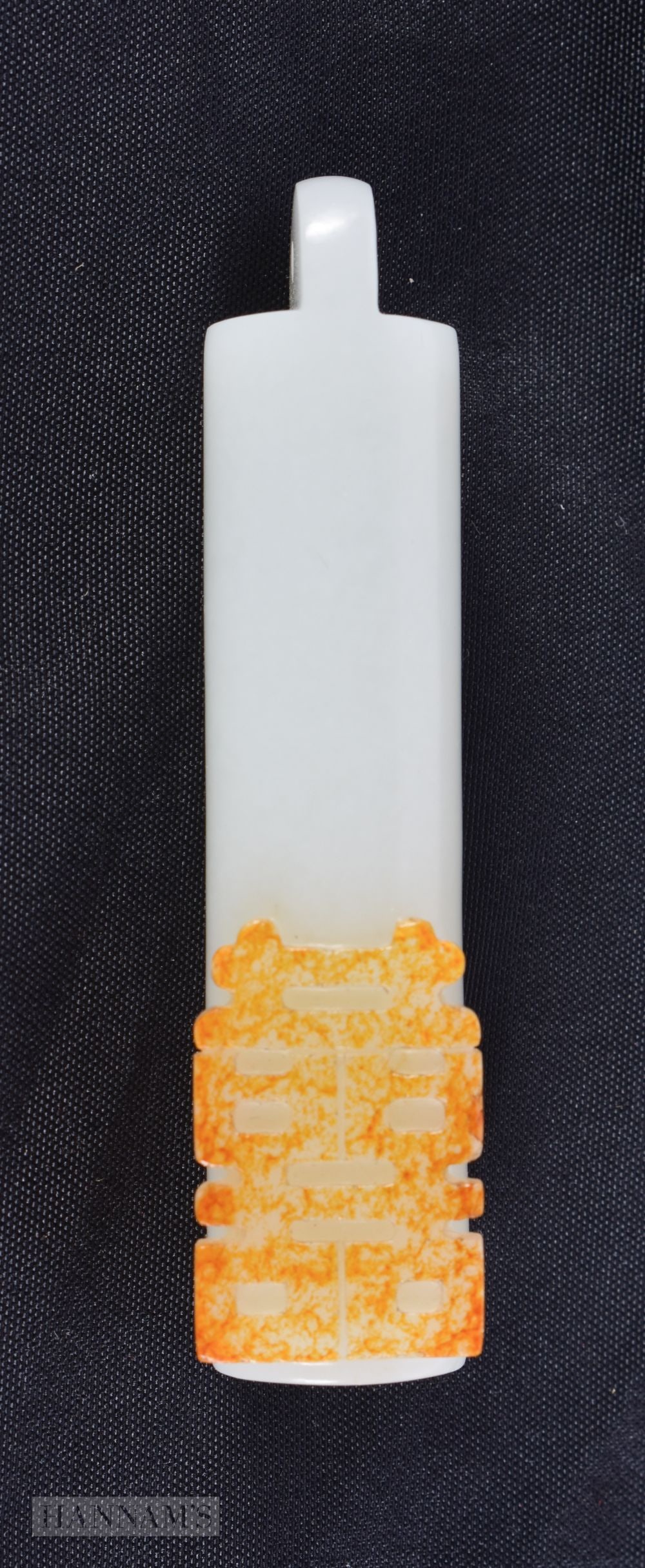 A CHINESE QING DYNASTY WHITE AND RUSSET JADE TOGGLE PENDANT. 7.5 cm long. (1 of 5)