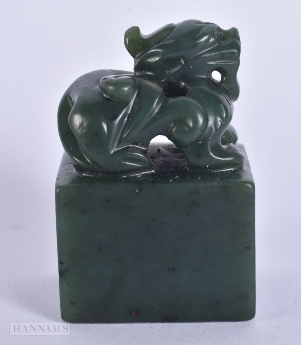 A CHINESE QING DYNASTY CARVED SPINACH JADE BEAST SEAL. 5.75 cm x 3.5 cm. (1 of 6)
