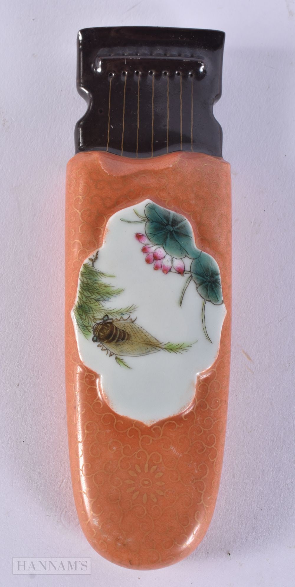 A CHINESE PORCELAIN SCHOLARS OBJECT painted with an insect. 14cm x 5.5 cm. (1 of 3)