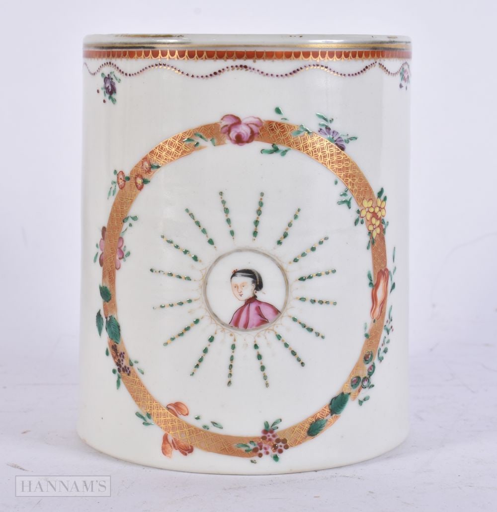 A RARE 18TH CENTURY CHINESE EXPORT FAMILLE ROSE PORCELAIN SUNBURST TANKARD Qianlong. 12 cm x 8.5 cm. (1 of 5)