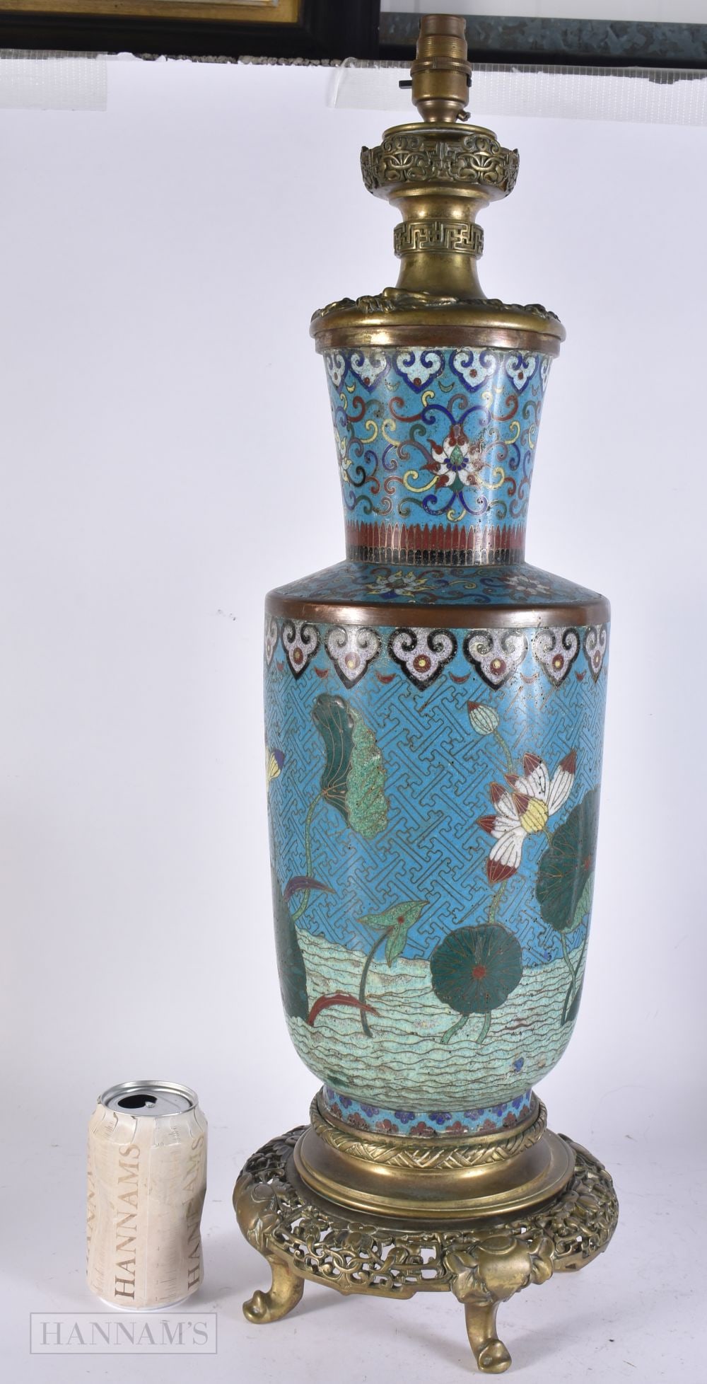 A LARGE EARLY 19TH CENTURY CHINESE CLOISONNE ENAMEL VASE/LAMP Qing, decorated with foliage and lotus (1 of 8)