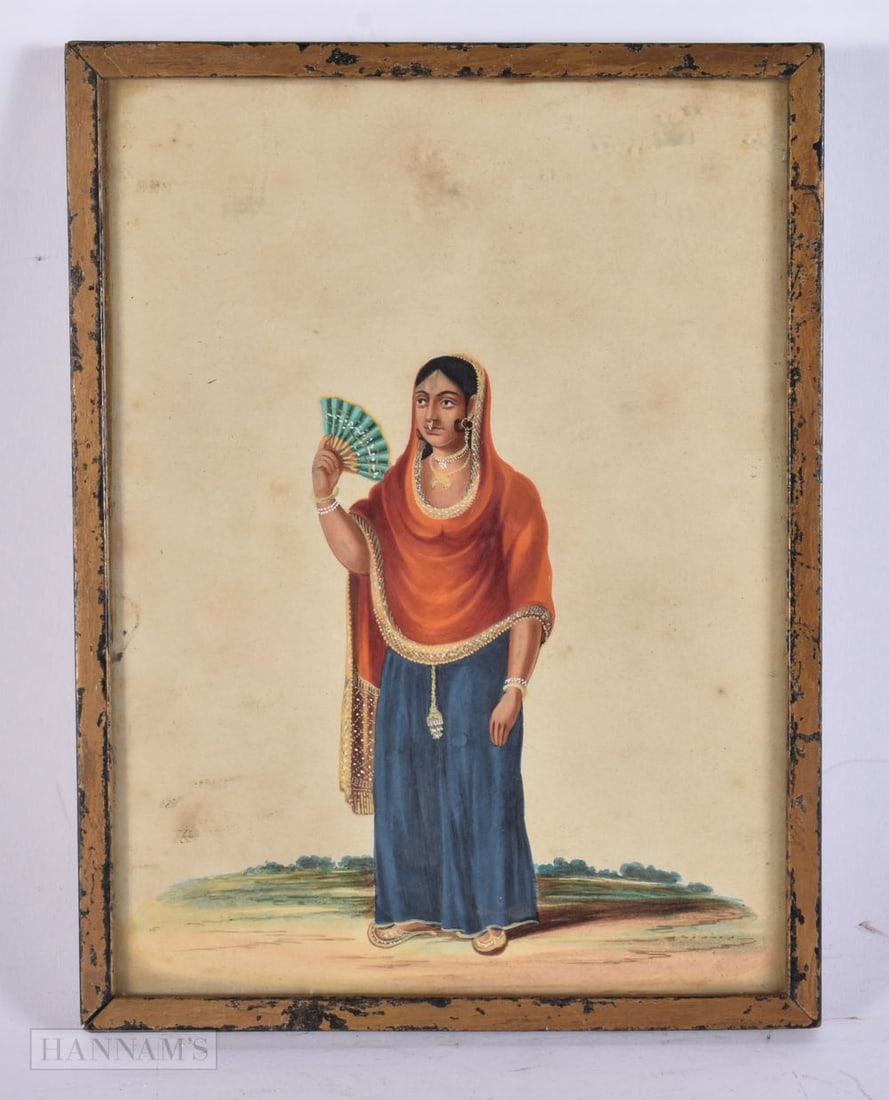 Indian School (19th Century) Watercolour, Lady with fan. 21.5 cm x 15.5 cm. (1 of 3)