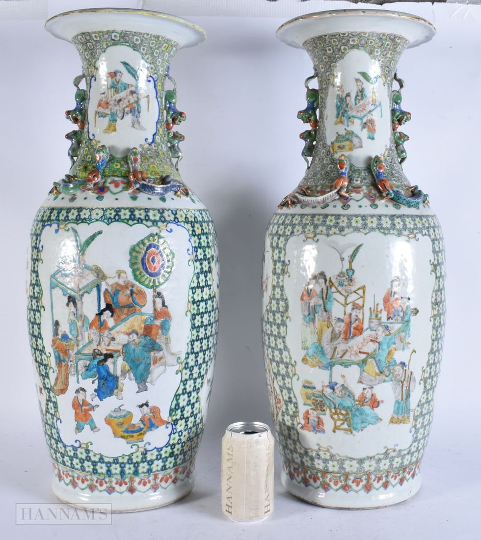 A LARGE PAIR OF 19TH CENTURY CHINESE FAMILLE VERTE PORCELAIN VASES Qing, painted with figures within (1 of 8)