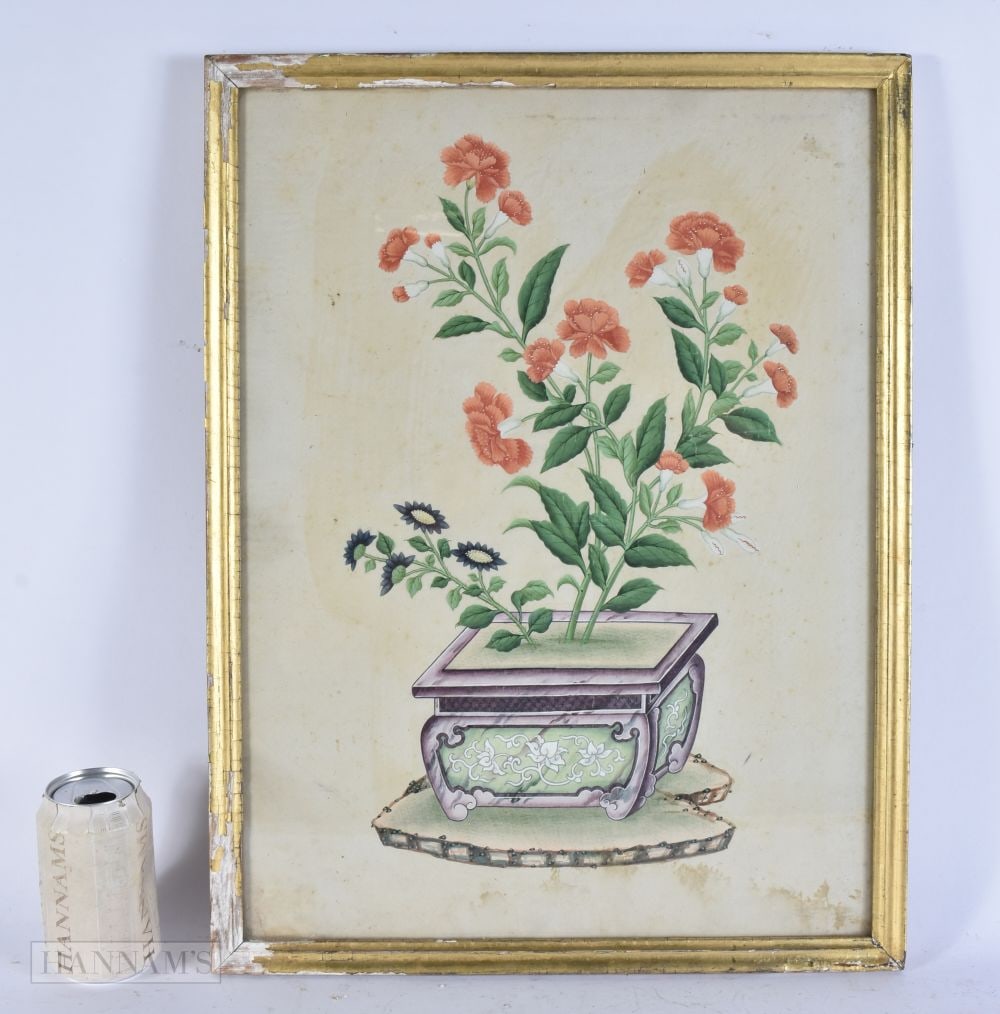 Chinese School (19th Century) Pith, Watercolour, Floral planter. 54 cm x 36 cm, image 48 cm x 36 cm. (1 of 5)