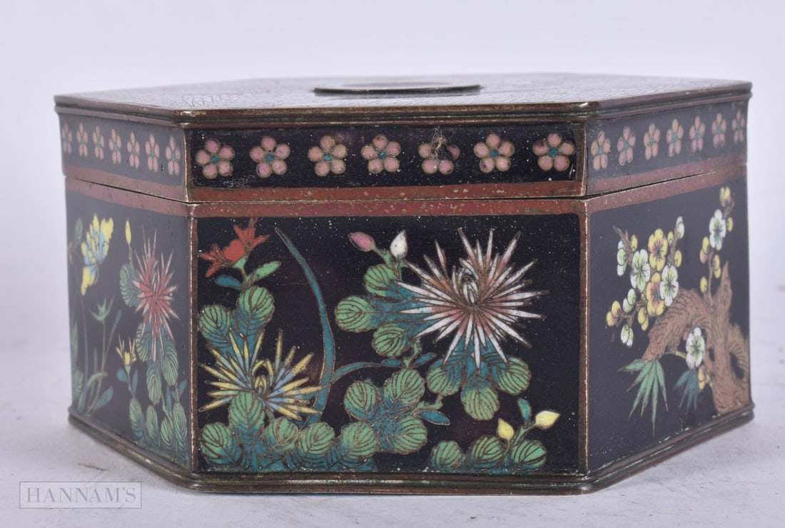A 19TH CENTURY CHINESE CLOISONNE ENAMEL HEXAGONAL BOX AND COVER decorated with a phoenix bird and fo: A 19TH CENTURY CHINESE CLOISONNE ENAMEL HEXAGONAL BOX AND COVER decorated with a phoenix bird and foliage. 13.5 cm x 12 cm.