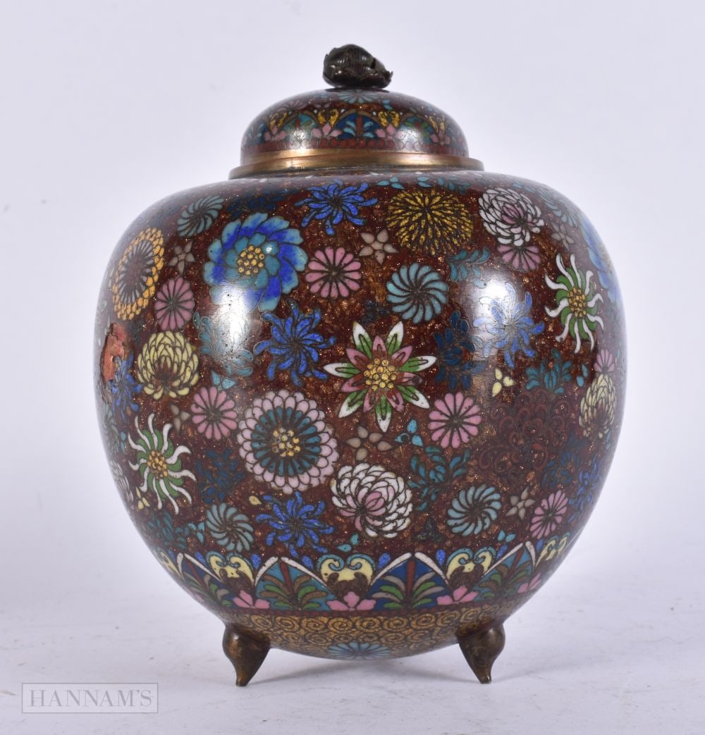 A 19TH CENTURY JAPANESE MEIJI PERIOD CLOISONNE ENAMEL JAR AND COVER decorated with foliage. 17 cm x: A 19TH CENTURY JAPANESE MEIJI PERIOD CLOISONNE ENAMEL JAR AND COVER decorated with foliage. 17 cm x 11 cm.