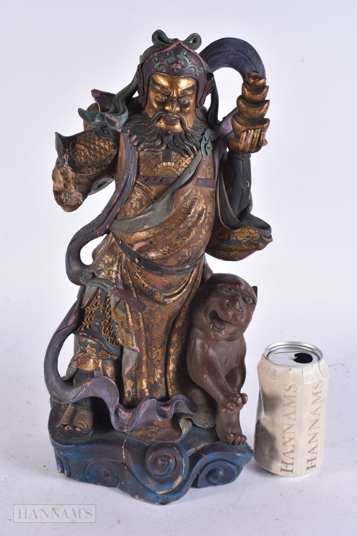 A LARGE 19TH CENTURY CHINESE POLYCHROMED WOOD FIGURE OF A WARRIOR Qing. 38 cm x 14 cm.: A LARGE 19TH CENTURY CHINESE POLYCHROMED WOOD FIGURE OF A WARRIOR Qing. 38 cm x 14 cm.
