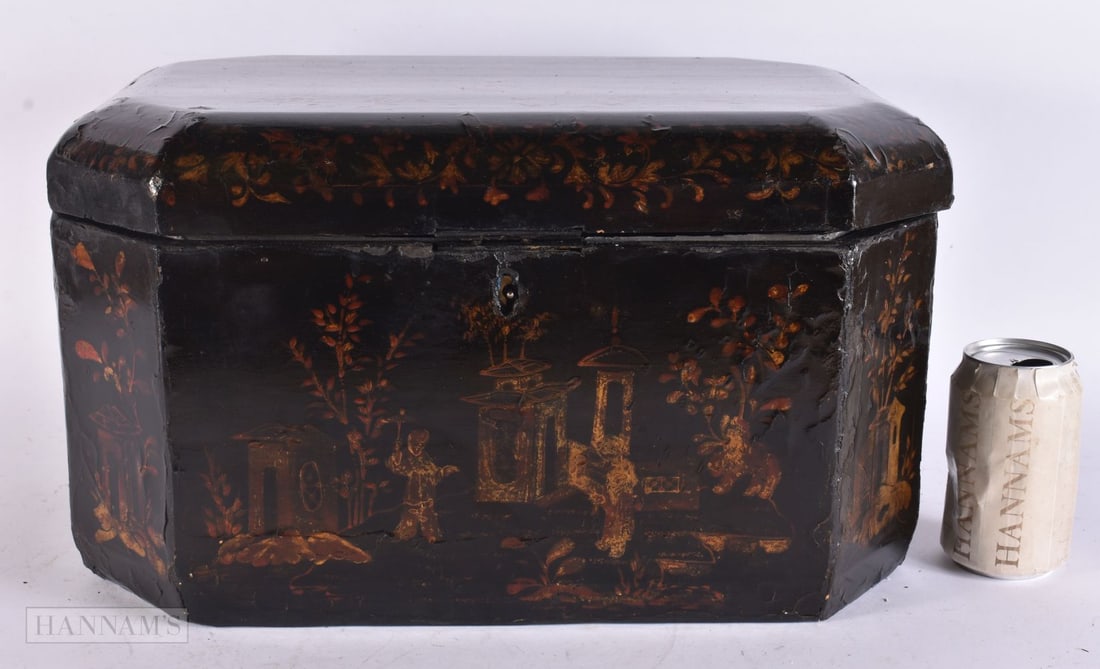 A RARE LARGE EARLY 19TH CENTURY CHINESE BLACK LACQUER TEA CADDY Qing, of monumental proportions with: A RARE LARGE EARLY 19TH CENTURY CHINESE BLACK LACQUER TEA CADDY Qing, of monumental proportions with pewter lining. 48 cm x 28 cm x 26 cm.