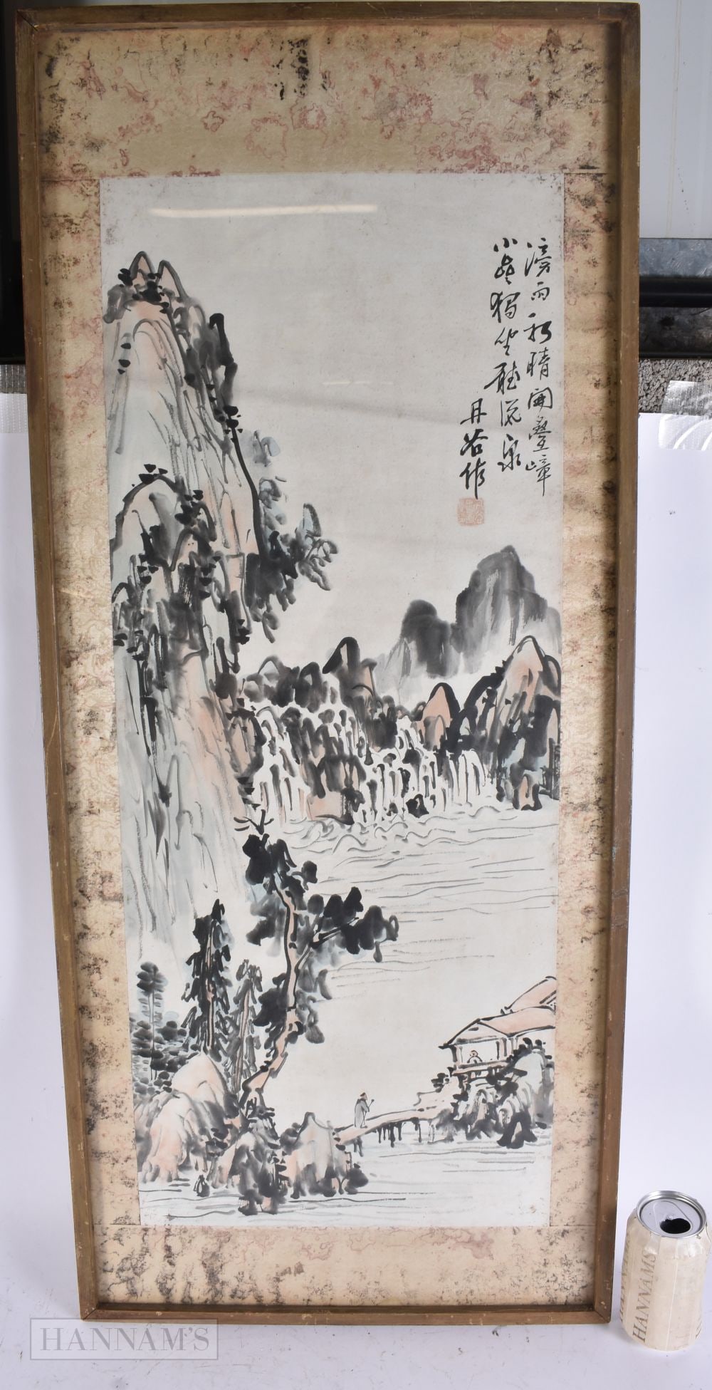 Chinese School (Early 20th Century) Ink painting, Scholars on a bridge in a landscape. 102 cm x 42 c: Chinese School (Early 20th Century) Ink painting, Scholars on a bridge in a landscape. 102 cm x 42 cm, image 80 cm x 32.5 cm.