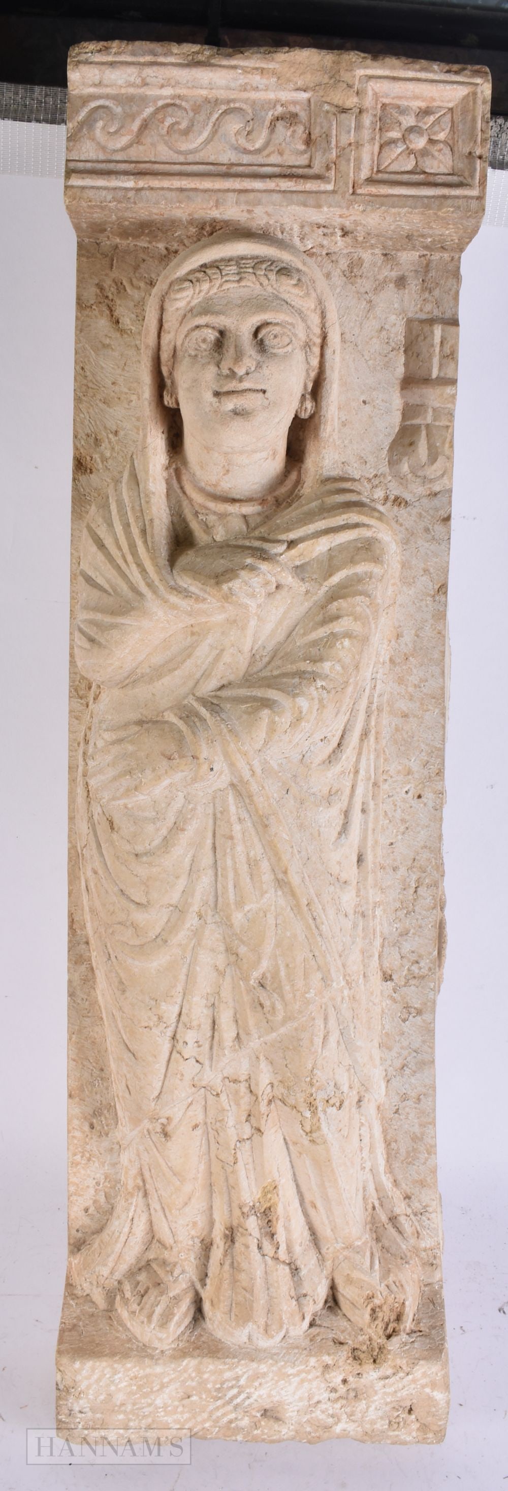 A LARGE PARTHIAN EMPIRE CARVED MARBLE STATUE OF A WOMEN 247 BC - 224 AD, King of Kings Foundation 19: A LARGE PARTHIAN EMPIRE CARVED MARBLE STATUE OF A WOMEN 247 BC - 224 AD, King of Kings Foundation 1966, Private Collection, Heritage of the Ancient World Foundation 2010. 73 cm x 24 cm x 10 cm.