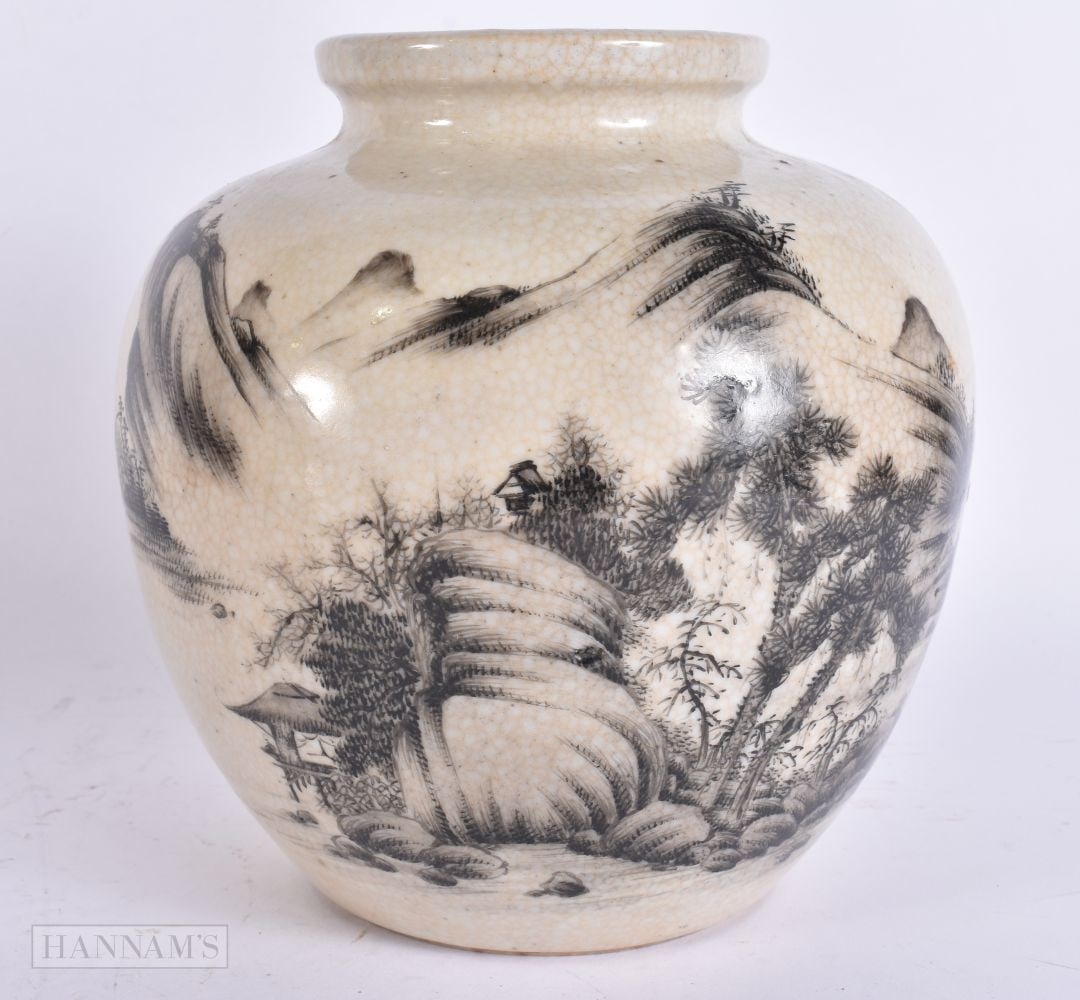A RARE 19TH CENTURY CHINESE CRACKLE GLAZED JAR Qing, painted with black landscapes. 19 cm x 15 cm.: A RARE 19TH CENTURY CHINESE CRACKLE GLAZED JAR Qing, painted with black landscapes. 19 cm x 15 cm.
