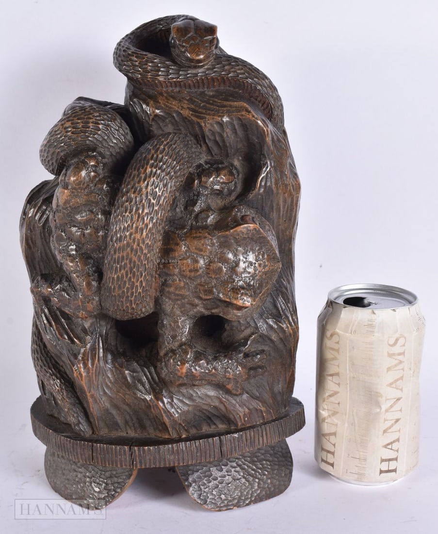 AN UNUSUAL 19TH CENTURY JAPANESE MEIJI PERIOD CARVED SNAKE AND TOAD BOULDER. 28 cm x 14 cm.: AN UNUSUAL 19TH CENTURY JAPANESE MEIJI PERIOD CARVED SNAKE AND TOAD BOULDER. 28 cm x 14 cm.