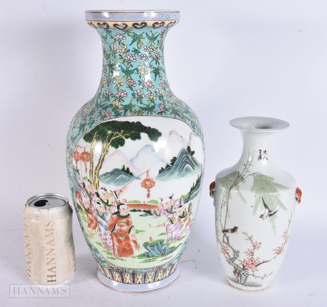 A CHINESE REPUBLICAN PERIOD BIRD VASE together with a large turquoise glazed vase. Largest 35.5 cm h: A CHINESE REPUBLICAN PERIOD BIRD VASE together with a large turquoise glazed vase. Largest 35.5 cm high. (2)
