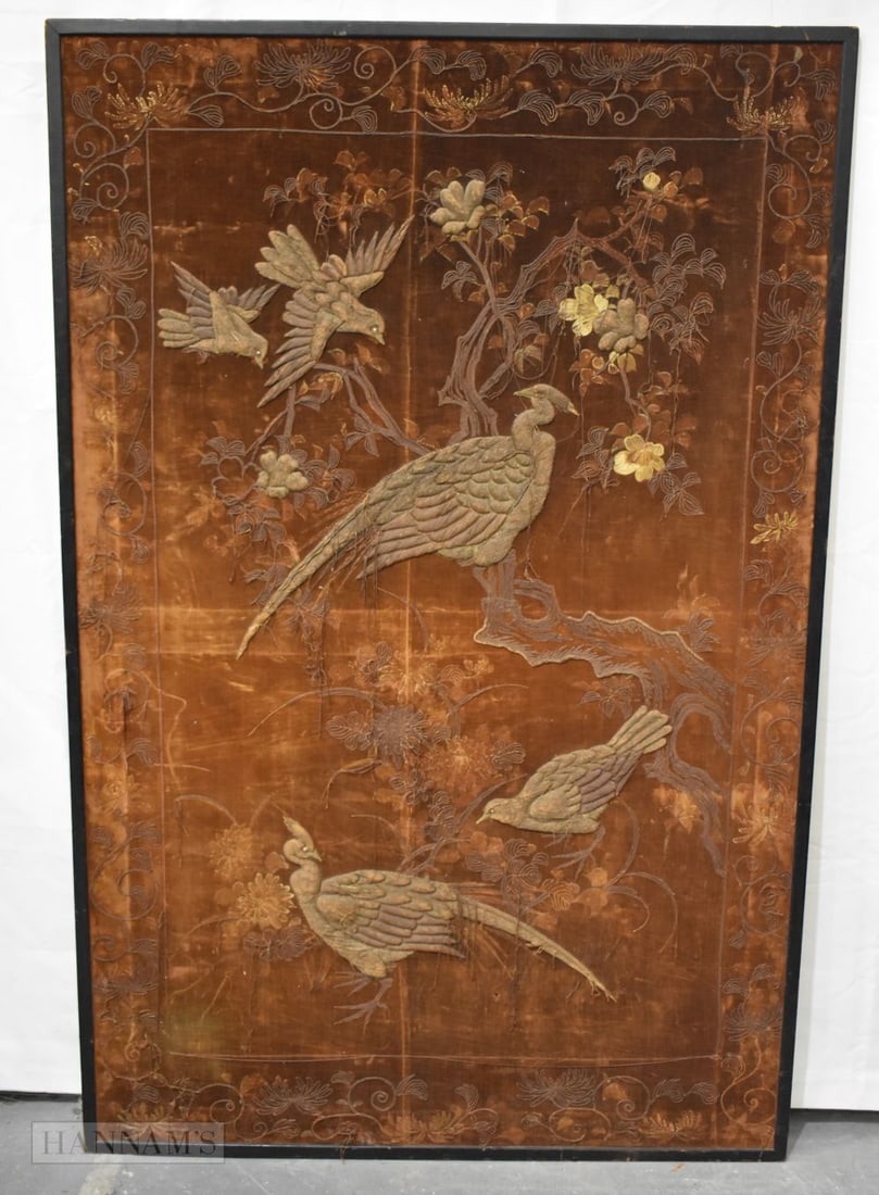 A VERY LARGE 19TH CENTURY JAPANESE EDO PERIOD EMBROIDERED BIRD PANEL. 183 x 119 cm. (1 of 11)