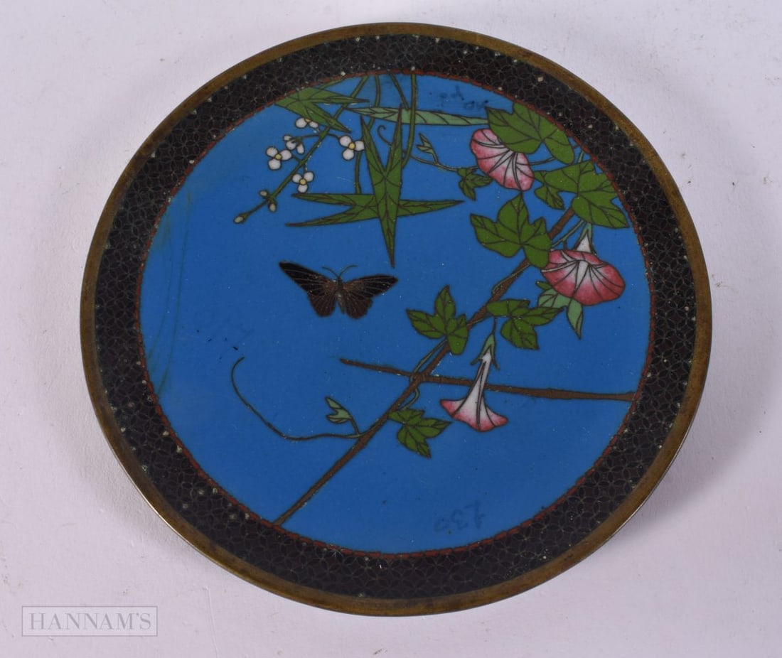 A 19TH CENTURY JAPANESE MEIJI PERIOD CLOISONNE ENAMEL DISH decorated with a butterfly and foliage. 1: A 19TH CENTURY JAPANESE MEIJI PERIOD CLOISONNE ENAMEL DISH decorated with a butterfly and foliage. 15 cm wide.