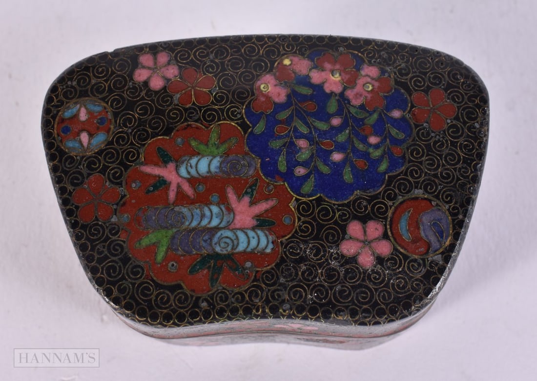 A 19TH CENTURY JAPANESE MEIJI PERIOD CLOISONNE ENAMEL BOX AND COVER decorated with foliage. 7 cm x 5: A 19TH CENTURY JAPANESE MEIJI PERIOD CLOISONNE ENAMEL BOX AND COVER decorated with foliage. 7 cm x 5 cm.
