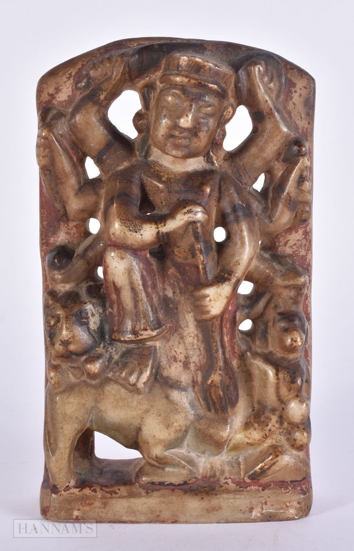 A 19TH CENTURY INDIAN RAJASTHANI PAINTED MARBLE HINDU DEITY. 17 cm x 9 cm. (1 of 3)