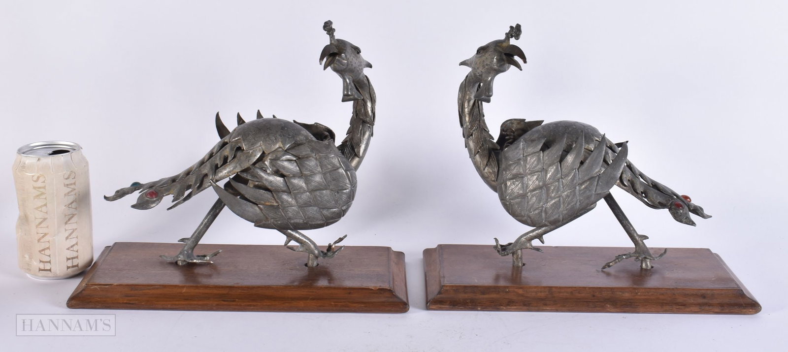 AN UNUSUAL PAIR OF CHINESE QING DYNASTY PEWTER HOHO BIRDS. 27 cm x 13 cm. (1 of 8)