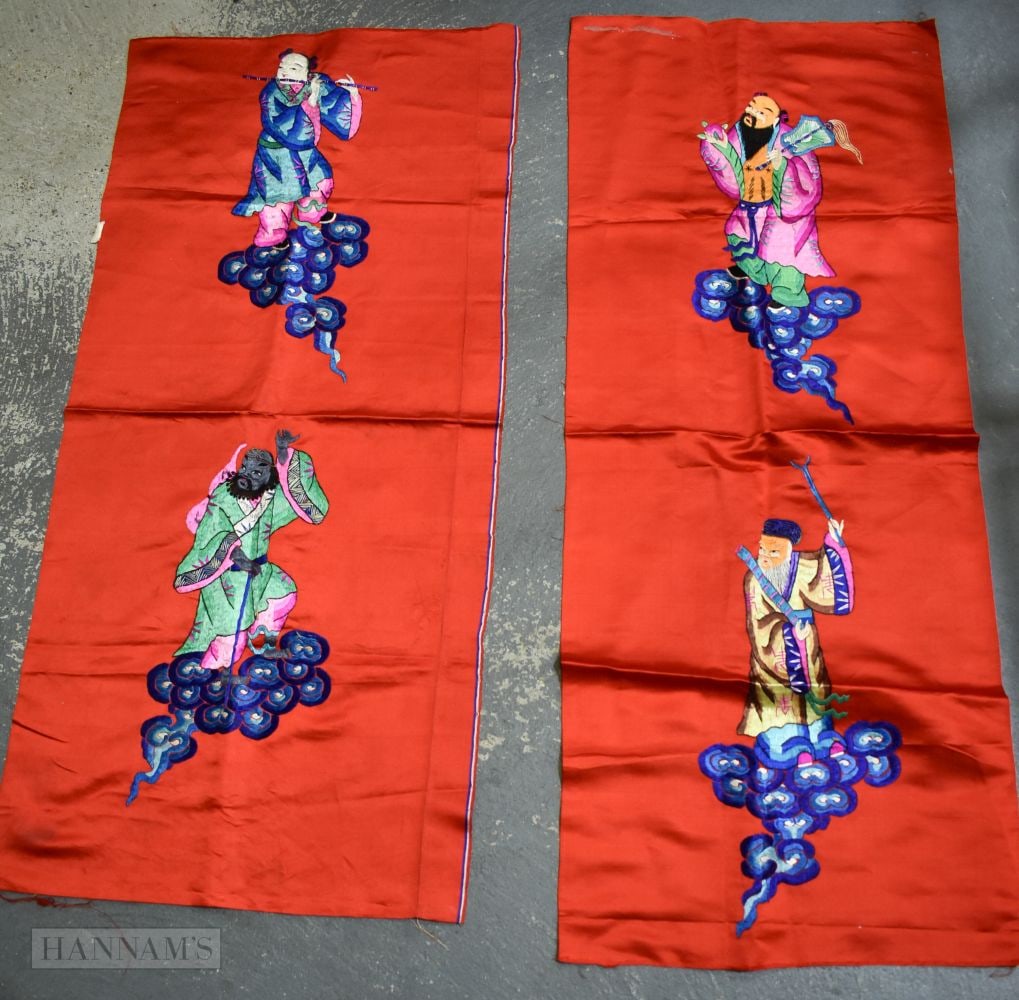 A PAIR OF LATE 19TH CENTURY CHINESE RED SILK EMBROIDERED PANELS Late Qing. 105 cm x 43 cm. (1 of 4)