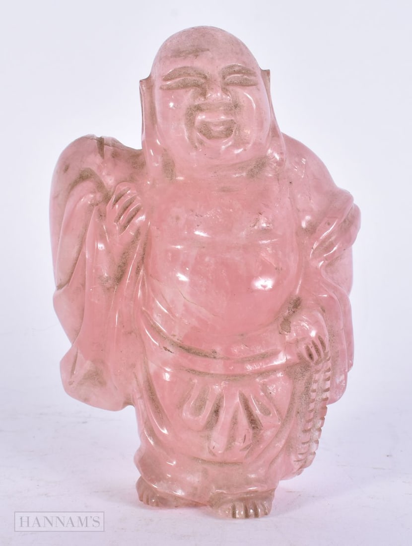 A LATE 19TH CENTURY CHINESE CARVED ROSE QUARTZ FIGURE OF A BUDDHA. 13.5 cm x 8.5 cm.: A LATE 19TH CENTURY CHINESE CARVED ROSE QUARTZ FIGURE OF A BUDDHA. 13.5 cm x 8.5 cm.