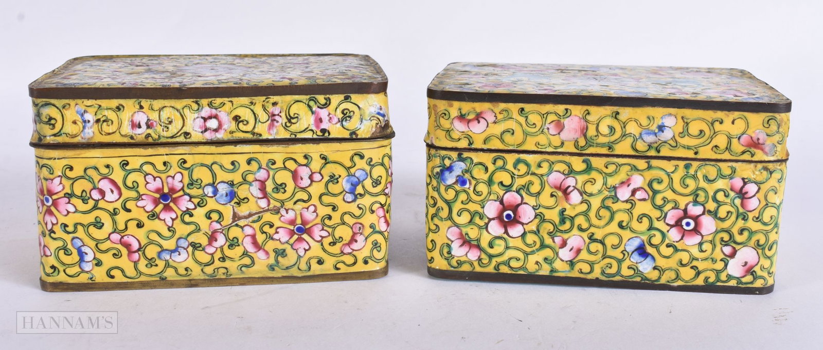 TWO 19TH CENTURY CHINESE CANTON ENAMEL BOXES AND COVERS Late Qing. 10 cm x 9 cm. (2) (1 of 4)
