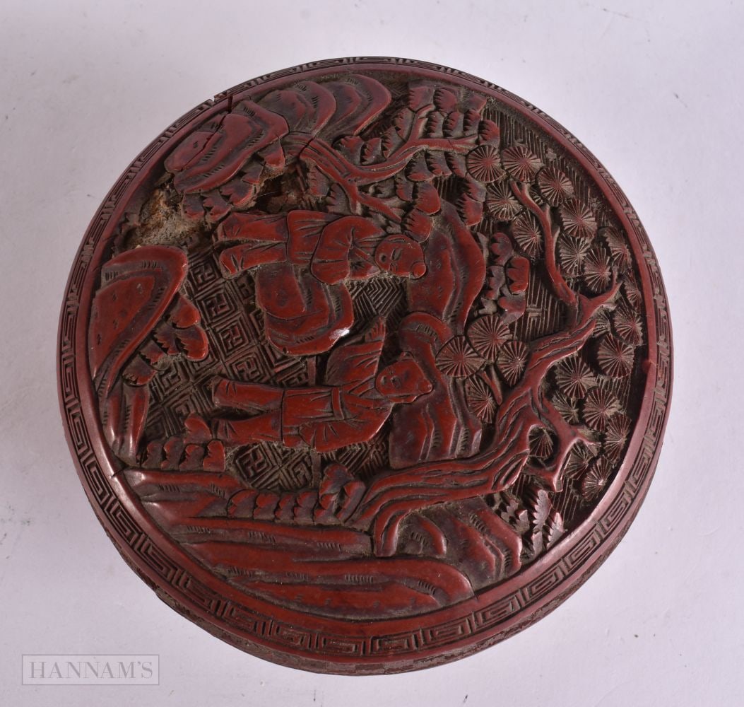 A CHINESE QING DYNASTY CARVED CINNABAR LACQUER BOX AND COVER. 12 cm wide.: A CHINESE QING DYNASTY CARVED CINNABAR LACQUER BOX AND COVER. 12 cm wide.