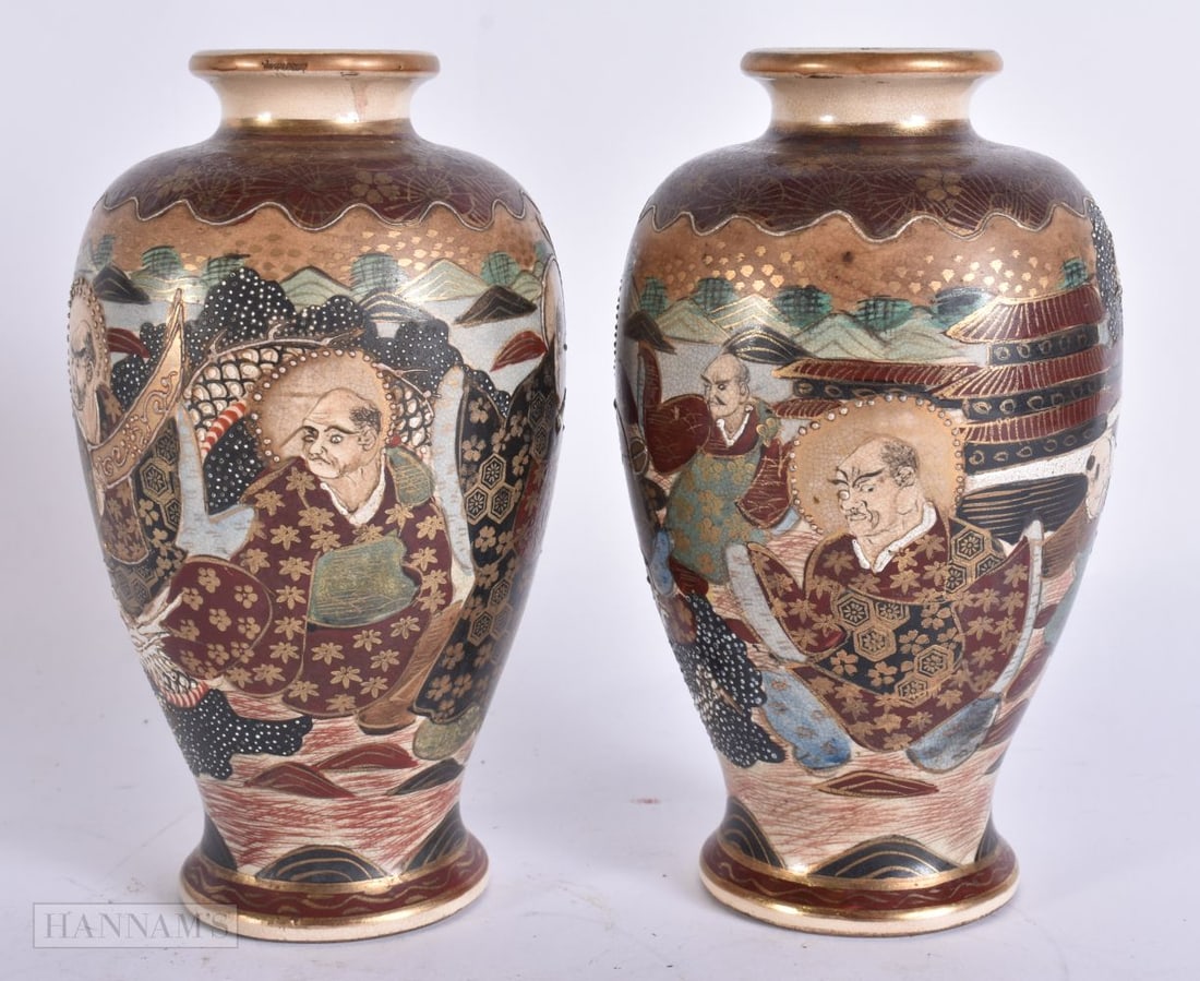 A PAIR OF JAPANESE SATSUMA VASES. 16.5 cm high. (1 of 5)