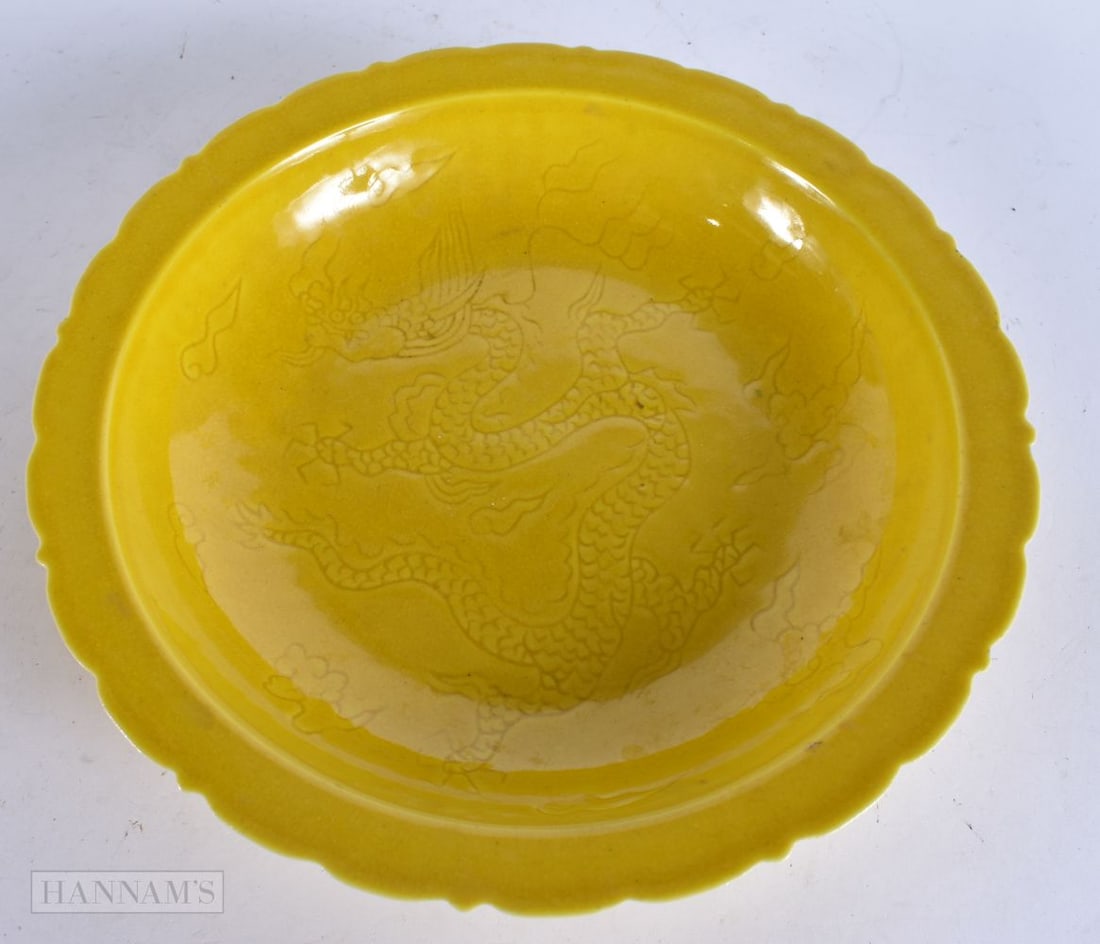 A CHINESE YELLOW GLAZED DRAGON DISH. 22 cm wide. (1 of 5)