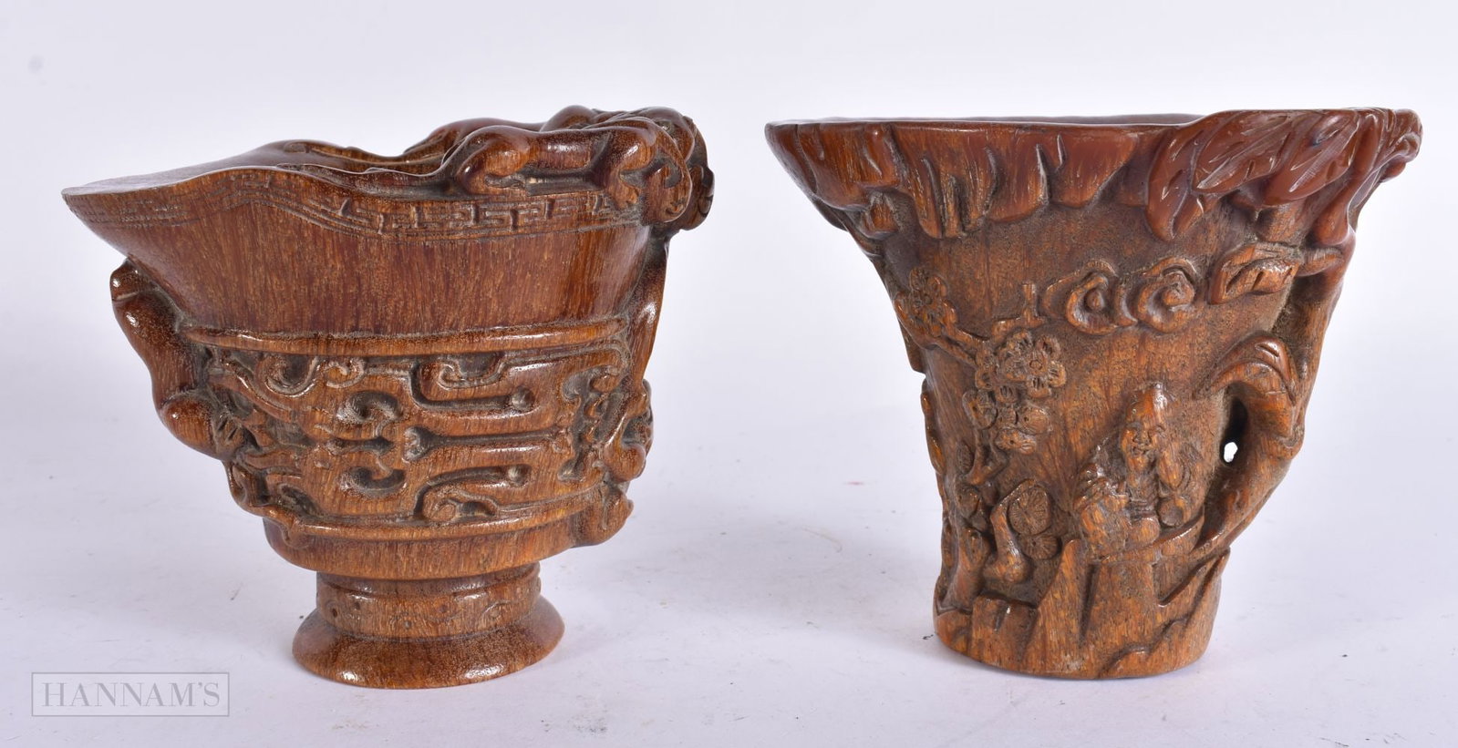 TWO CHINESE BUFFALO HORN TYPE LIBATION CUPS. 14 cm x 10 cm. (2) (1 of 6)