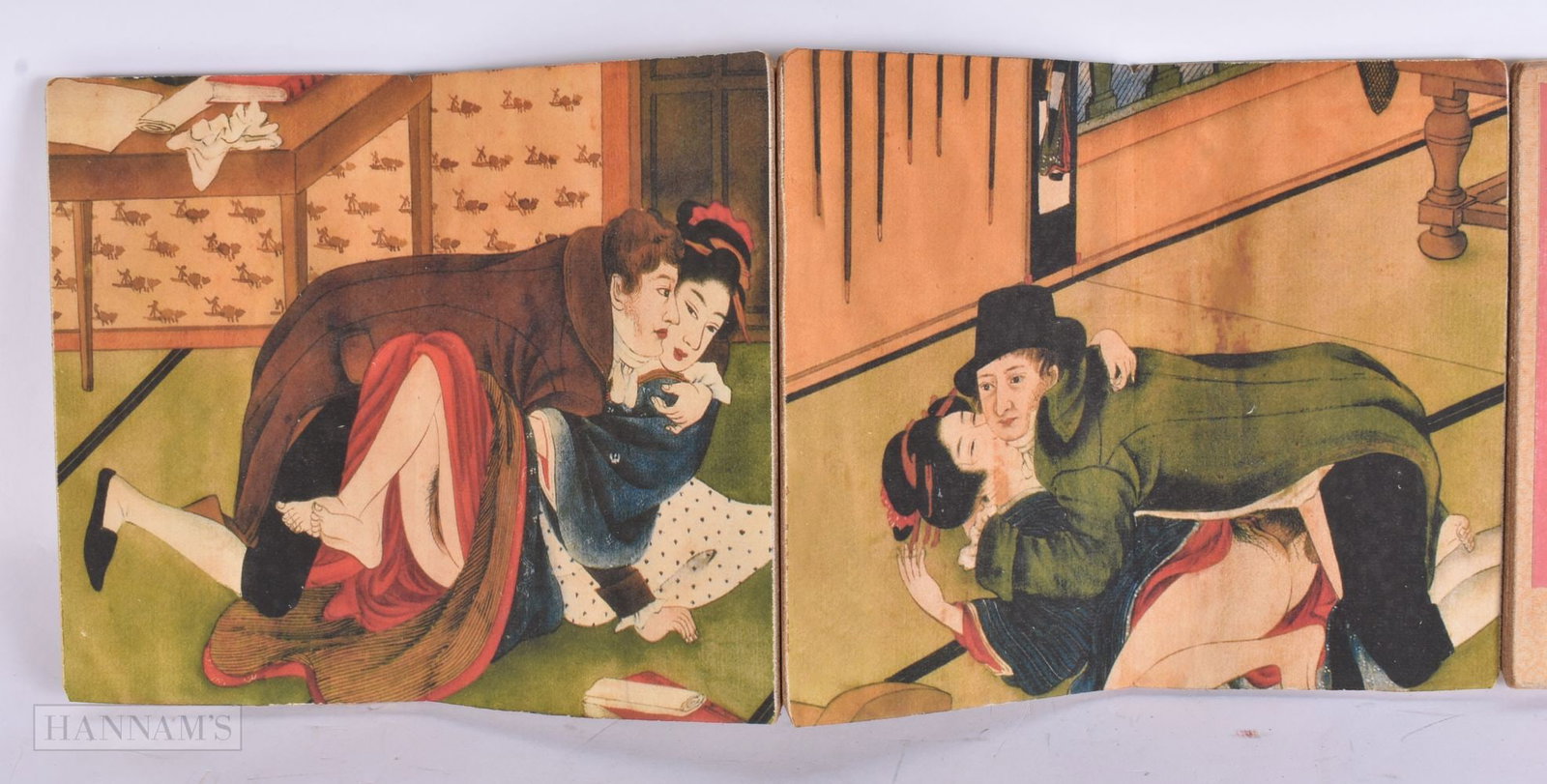 A CHINESE EROTIC BOOK depicting local scholar Jin Tong Elliott Dong, modelled in his trademark red t: A CHINESE EROTIC BOOK depicting local scholar Jin Tong Elliott Dong, modelled in his trademark red toupee, taking one of the orchard house bbqs a shade too far. Each page 21 cm x 18 cm.