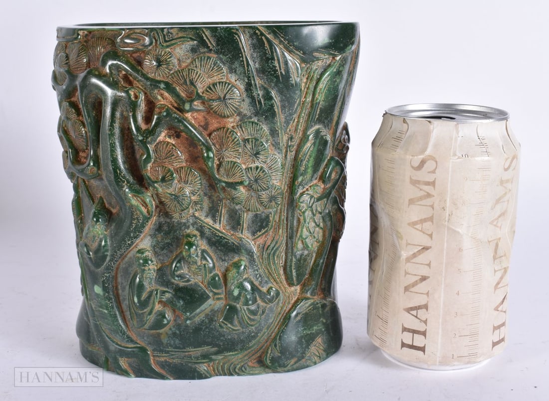 A CHINESE JADE TYPE BRUSH POT. 17 cm x 12 cm.: A CHINESE JADE TYPE BRUSH POT. 17 cm x 12 cm.