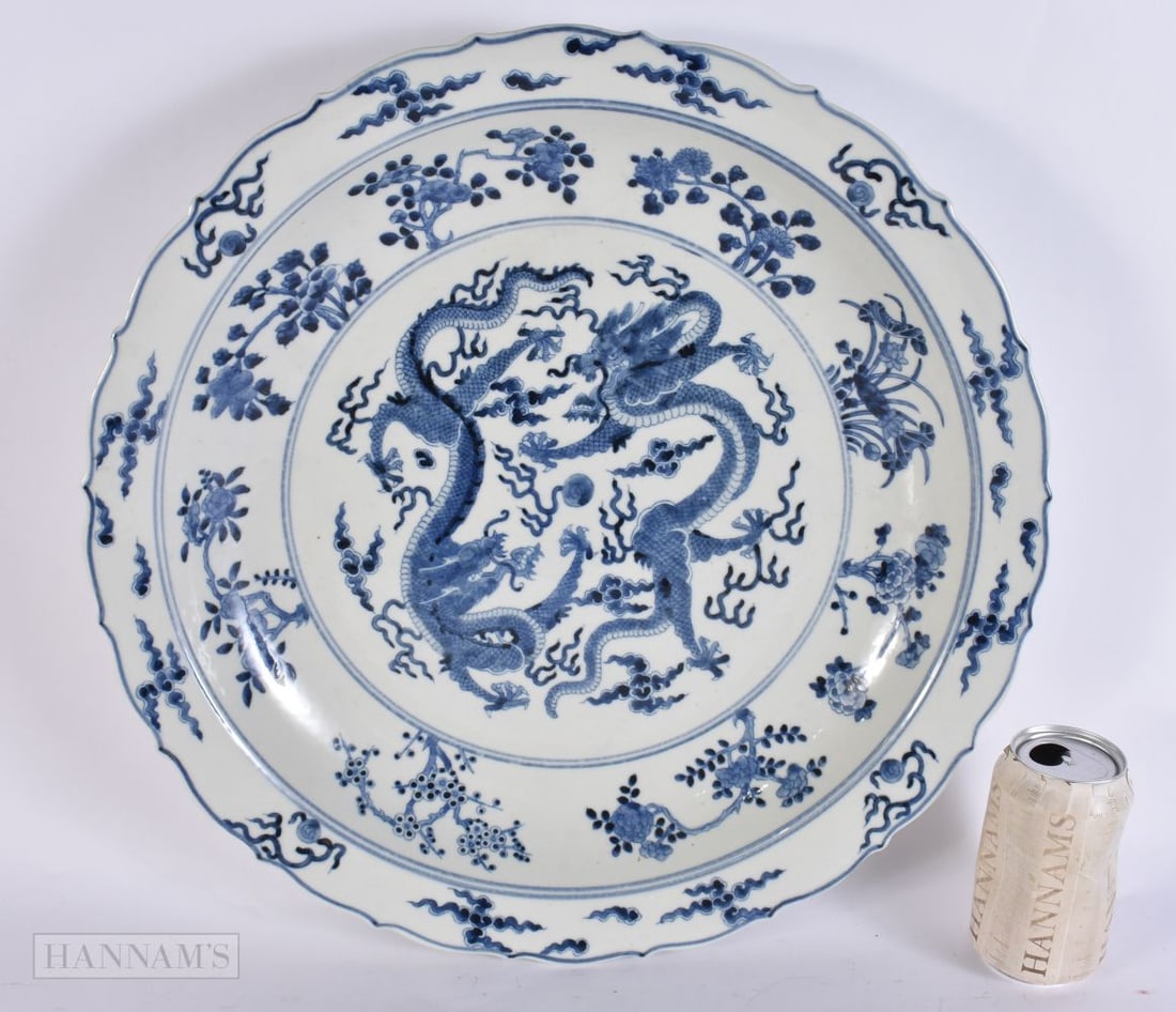 A LARGE CHINESE BARBED BLUE AND WHITE PORCELAIN DISH. 44 cm wide. (1 of 7)