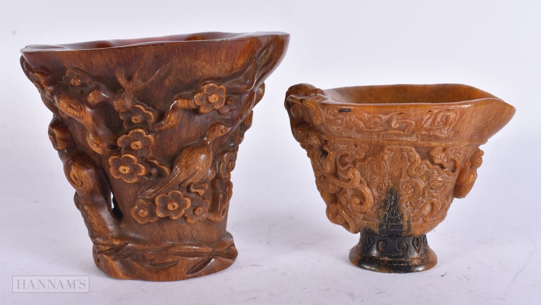 TWO CHINESE BUFFALO HORN TYPE LIBATION CUPS. 14 cm x 10 cm. (2) (1 of 6)