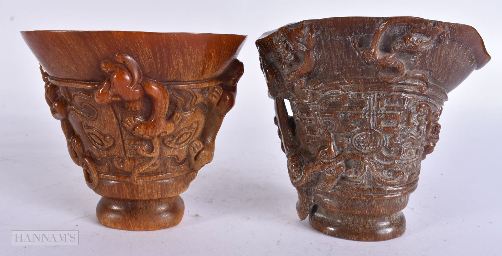 TWO CHINESE BUFFALO HORN TYPE CUPS. 15 cm x 13 cm. (2) (1 of 6)