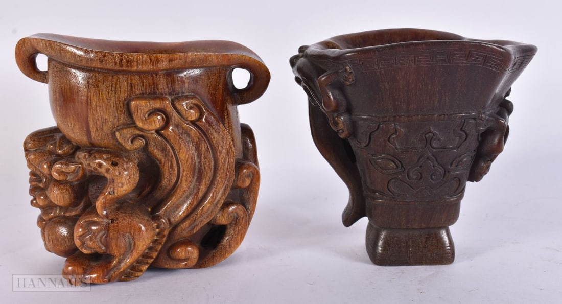 TWO CHINESE BUFFALO HORN TYPE LIBATION CUPS. 14 cm x 10 cm. (2) (1 of 6)