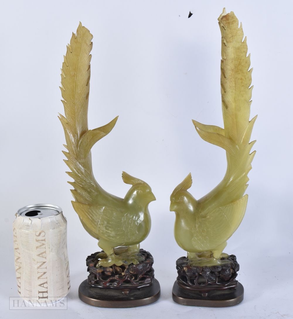 A PAIR OF LATE 19TH CENTURY CHINESE JADE BIRDS. 34 cm high.: A PAIR OF LATE 19TH CENTURY CHINESE JADE BIRDS. 34 cm high.