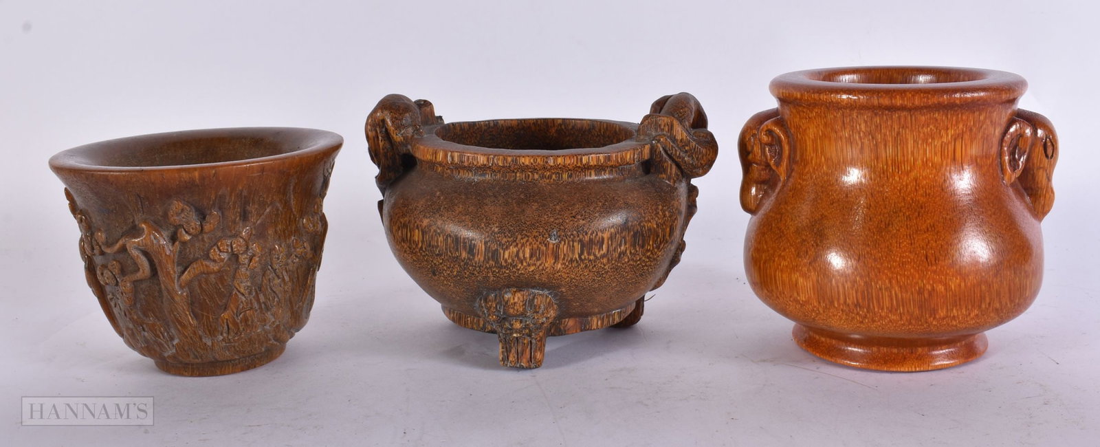 TWO BUFFALO HORN TYPE CENSERS and a similar libation cup. Largest 12.5 cm wide. (3) (1 of 5)
