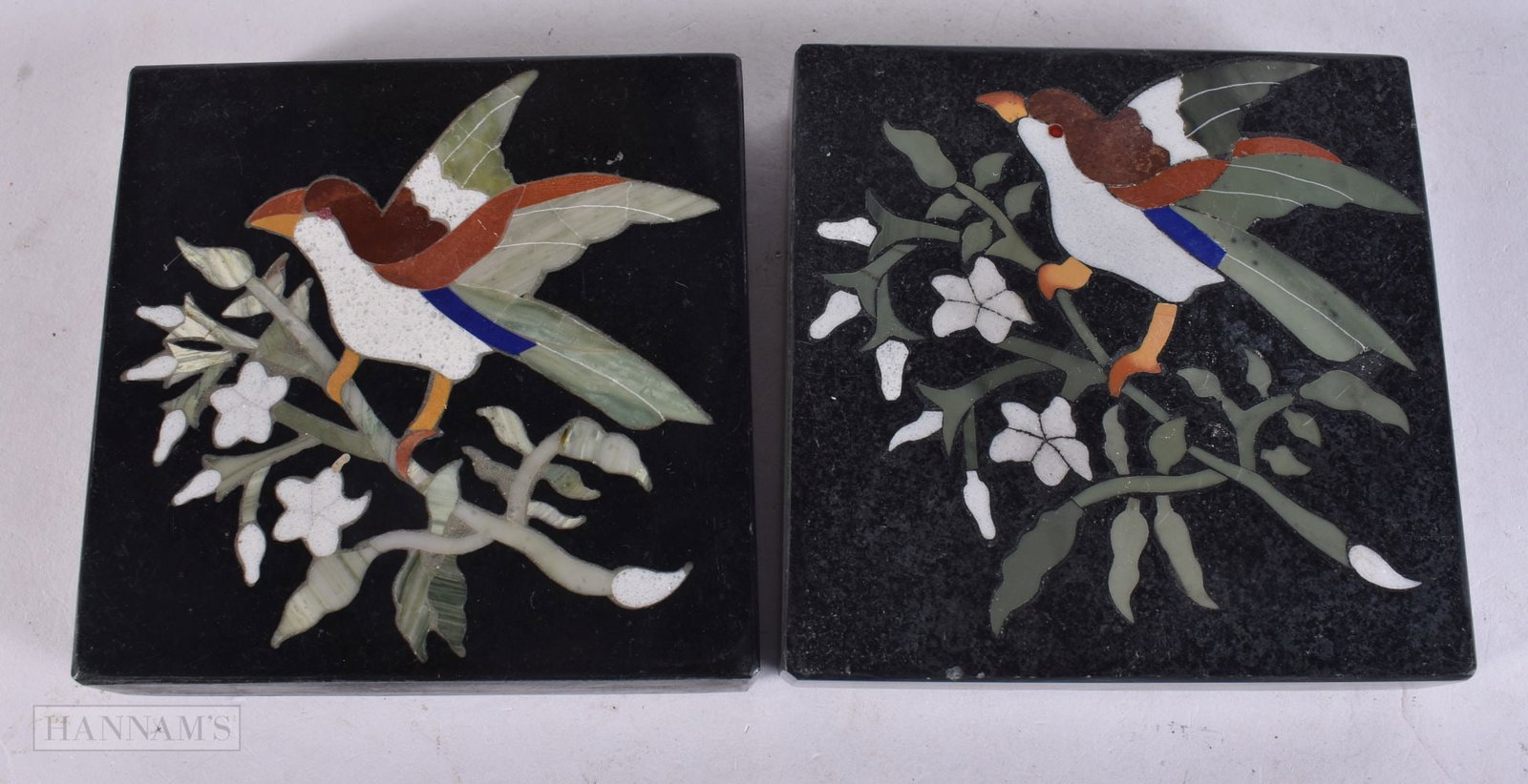 A PAIR OF PIETRA DURA STONE PLAQUES. 10 cm square. (1 of 4)