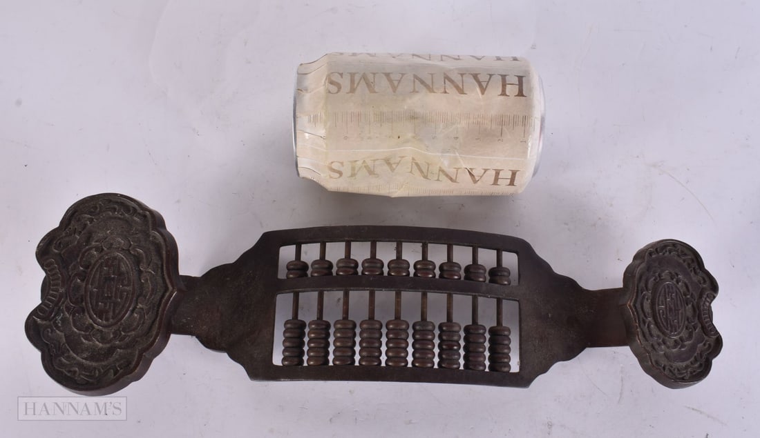 A CHINESE BRONZE ABACUS SCEPTRE. 34 cm long. (1 of 4)