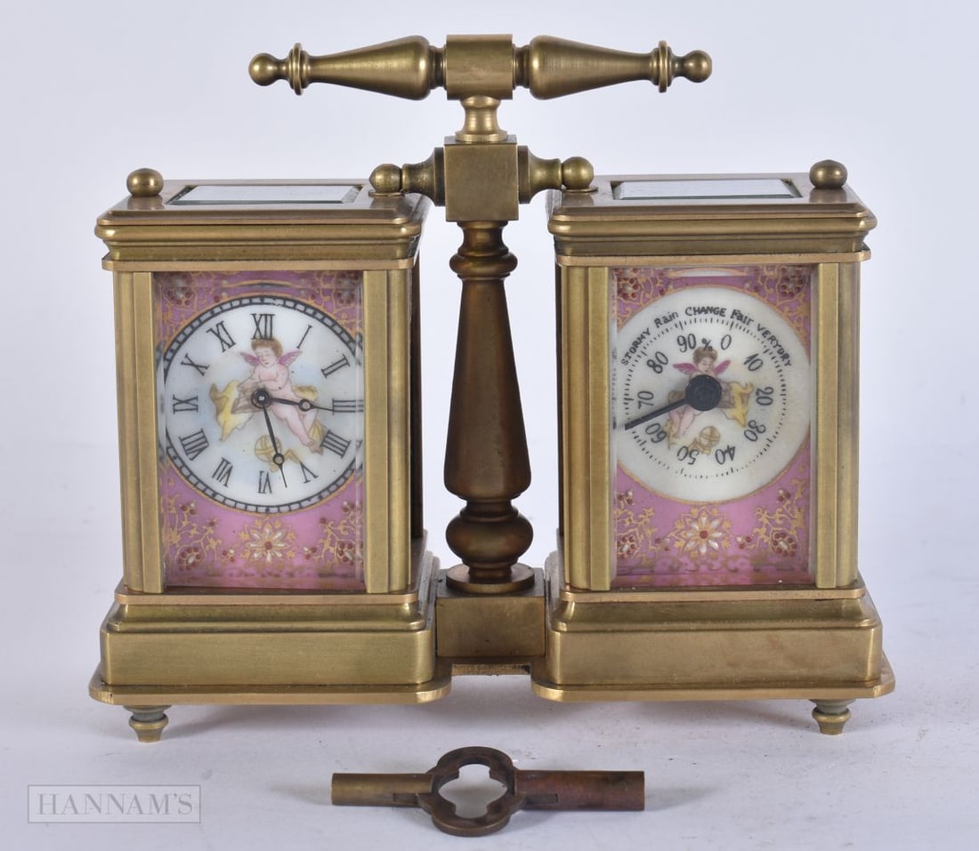 A CONTINENTAL PORCELAIN INSET CLOCK BAROMETER. Working. 12 cm x 10 cm. (1 of 8)