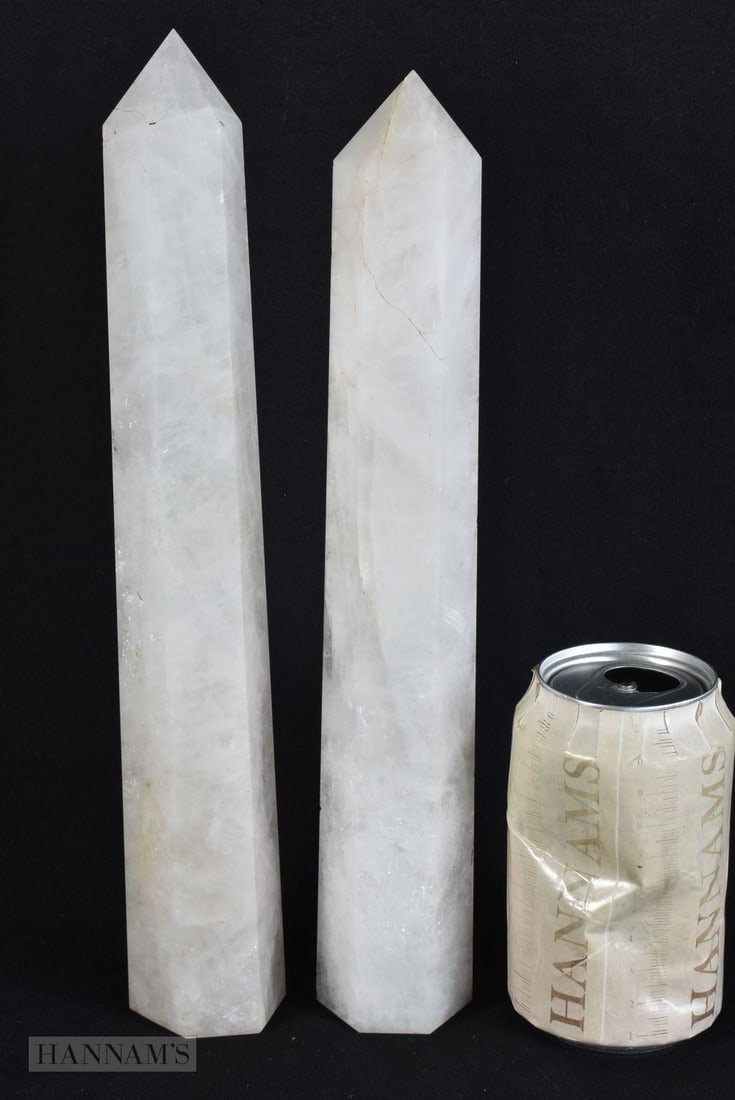 A PAIR OF CRYSTAL OBELISKS. 28 cm high. (1 of 4)