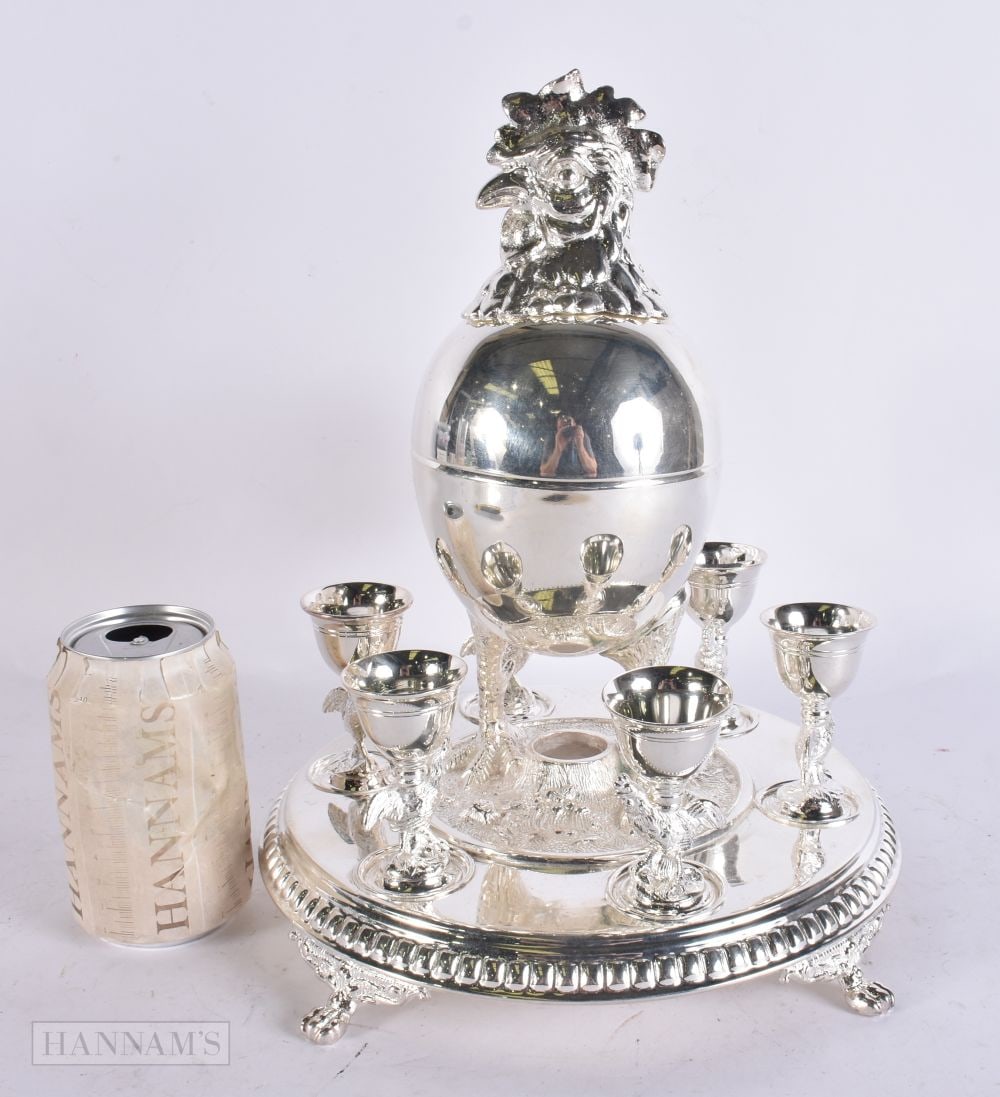 A SILVER PLATED COCKERELL CHICKEN BOX AND COVER with egg cups. 32 cm x 15 cm. (1 of 5)