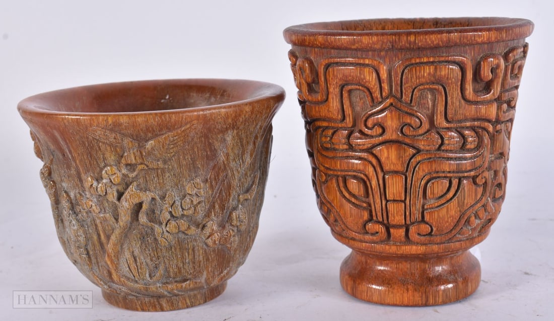 TWO CHINESE CARVED BUFFALO HORN TYPE LIBATION CUPS. 7 cm x 8.5 cm. (2) (1 of 4)