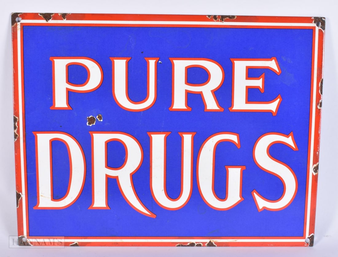 AN ENAMEL PURE DRUGS SIGN. 38 cm x 28 cm. (1 of 2)