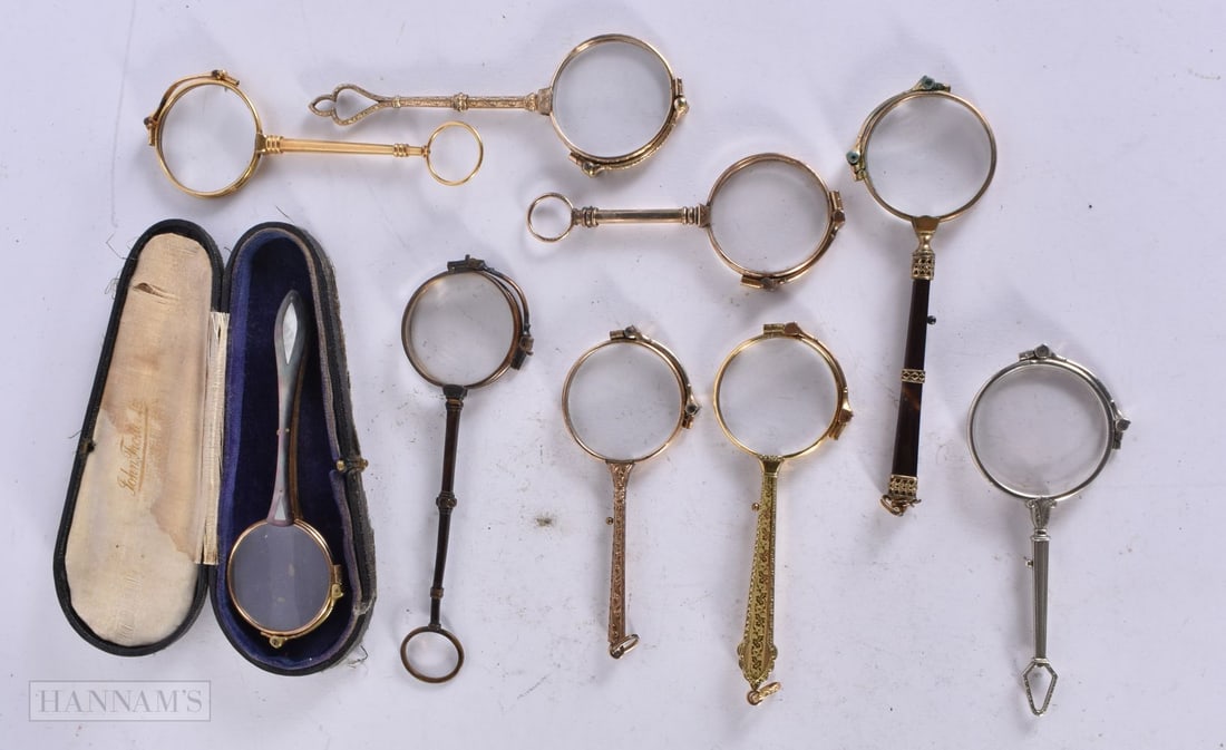 NINE PAIRS OF LORGNETTES. Largest 18 cm long extended. (9) (1 of 3)