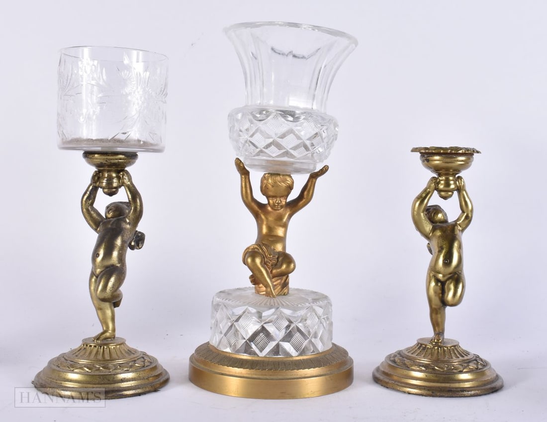THREE ANTIQUE BRONZE AND CRYSTAL GLASS CUPS. 18.5 cm high. (3) (1 of 2)