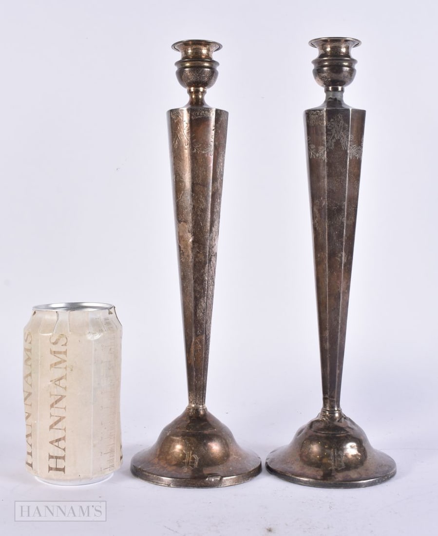 A PAIR OF SILVER CANDLESTICKS. 936 grams overall. 29.5 cm high. (1 of 4)