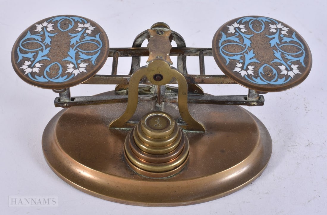 A SET OF ANTIQUE CHAMPLEVE ENAMEL SCALES. 17.25 cm wide. (1 of 4)